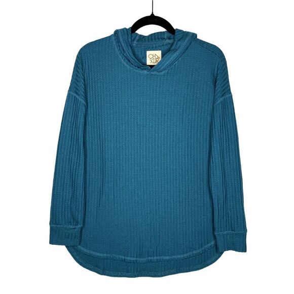 Chaser Waffle Knit Thermal Long Sleeve Hoodie Blue Medium Drop Shoulder Sweater - Picture 1 of 8
